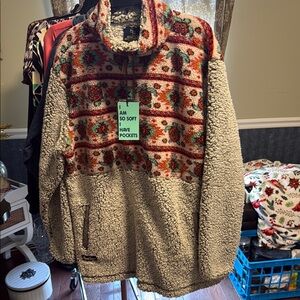 Simply Southern Red and Green Cowl Neck Sweater with Geometric Pattern